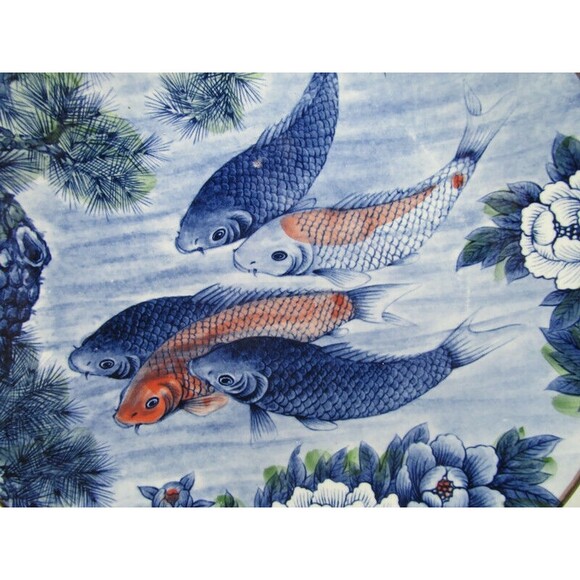 Sun Ceramics Koi Fish Round Platter 12.5" Blue Lotus Flower  Excellent - Picture 2 of 12